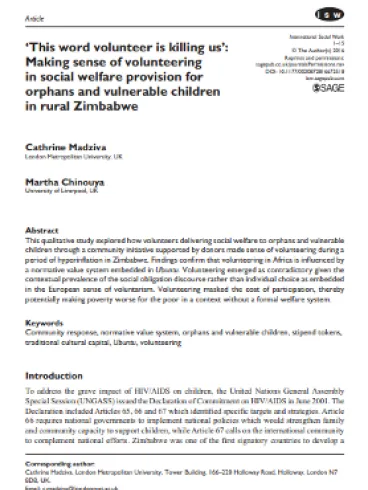 ‘This word volunteer is killing us’: Making sense of volunteering in social welfare provision for orphans and vulnerable children in rural Zimbabwe