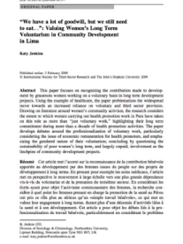 ‘‘We have a lot of goodwill, but we still need to eat…’’: Valuing Women’s Long Term Voluntarism in Community Development in Lima
